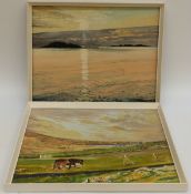 Stan Cotterell three acrylics on board, one a lady spinning wool by a fire,