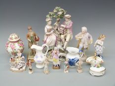A collection of 19thC / 20thC ceramics including Dresden porcelain, monkey band figures,
