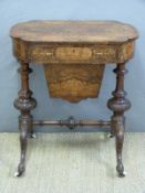 A 19thC inlaid burr walnut shaped work table with one straight drawer with sectional fitted