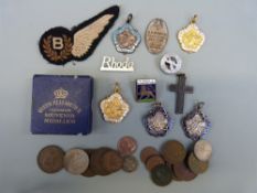Five London Academy of Music & Dramatic Art medallions, coins, Air Training Corps badge,