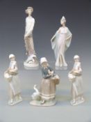 Five Lladro figures including Don Quixote, girls with chickens etc,