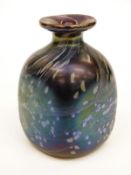 Isle of Wight blue iridescent glass bud vase of square form with collared neck and speckled and