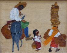 A naive oil on board 'Mexican Family off to Market', with JK monogram lower right, 29.