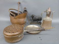 A copper coal scuttle, Eastern Islamic metalware including a rosewater sprinkler,