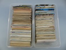 Two plastic boxes of mixed postcards including London, castles, transport, humorous,
