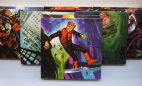 A collection of Dan Dare style pictures on canvas,