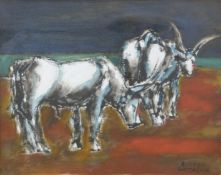 Romano Battaglia oil on canvas oxen, signed bottom right and inscribed verso,