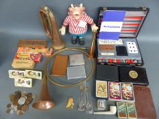 A quantity of collectables to include coins, cigarette cards, playing cards, dominoes,