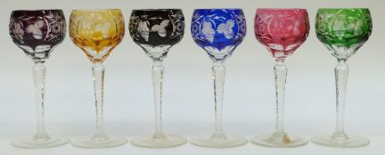 A set of six flash overlaid cut glass hock glasses with fruit and foliage decoration,