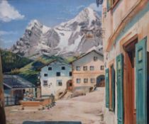 Stan Cotterell acrylic on board Alpine village scene with mountains beyond, signed lower right,