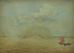 A 19thC watercolour of Steep Holm in the Bristol Channel with sailing boat to foreground, unsigned,
