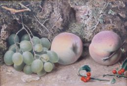 William Henry Hunt (British 1790-1864) still life peaches and grapes with holly on a mossy bank,
