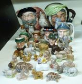 A collection of Royal Doulton character jugs, Beswick thrush,
