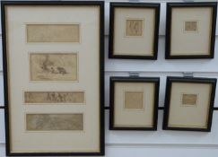 A set of four pen and ink drawings including figures on horseback and people with bears (framed as