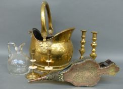 A brass coal bucket, 19thC bellows,