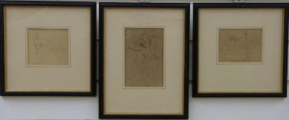 Three framed pen and ink drawings, comprising a boy alarmed by a parrot,