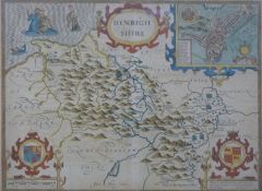 A 17th century John Speed hand-tinted map of Denbighshire with town plan of Denbigh, c1610,
