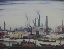 L S Lowry 'A River Bank' limited edition print (830/850) of shipping with factories beyond,