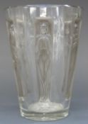 Rene Lalique Six Figurines clear glass vase inset with six frosted glass panels of grey colouration