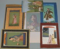 Six unframed Indian gouache on paper, in the Moghul style, of standing Maharaja, woman drinking,