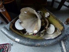 A cast iron corner trough, brass trivets, plated tray, gilt chalices,