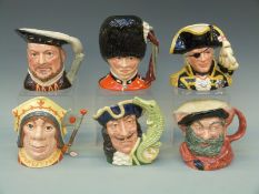 Six Royal Doulton large character jugs including Admiral Lord Nelson, The Red Queen, Henry VIII,