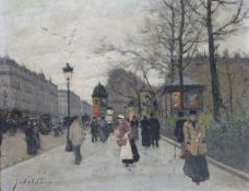 Jules Petillion (French 1845-1899) oil on board of a Parisian street scene, signed lower left,
