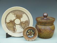 Three pieces of studio pottery including stoneware crock with decoration of mountains,