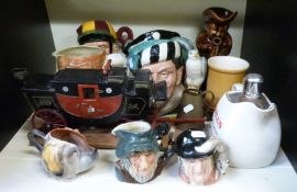 Toby jugs including a Staffordshire treacle glaze example but mostly Royal Doulton, The Falcon,