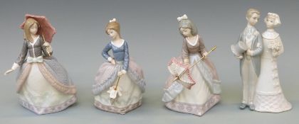 Four Lladro figures, three of girls with parasols, Angela, Evita and Jolie, and a bride and groom,