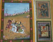 Three unframed Indian gouache on fabric, in the Moghul style, of men hunting tigers,
