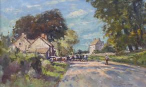 John Neale (20thC) oil on board 'Milking Time' signed lower right and with label verso,