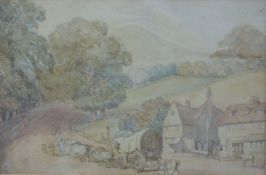 A 19thC watercolour of a horse-drawn wagon and inn,