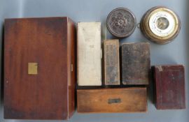 A 19thC mahogany writing slope, glove box, plated cigarette box, barometer,