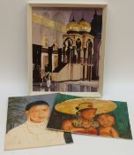 Stan Cotterell three acrylics on board, one a Middle Eastern temple or similar 49 x 39cm,