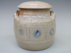 Ray Finch studio pottery handled and lidded pot with incised decoration, studio seal mark to handle,