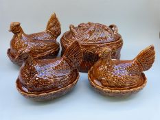 Three Portmeirion egg crocks and a casserole dish