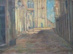In the manner of Seago, oil on canvas of street scene 28 x 39cm,