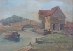 Martin Cox watercolour of an arched bridge over a canal with boats and warehouse,