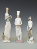 Three Lladro figures including Don Quixote, chef and lady with urn,