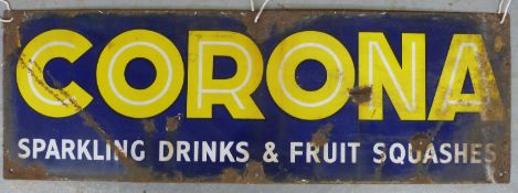 A vintage Corona Sparkling Drinks and Fruit Squashes enamel advertising sign,