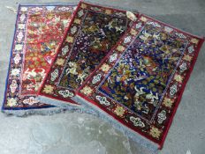 Three Persian wool prayer rugs, labelled 'Latore' decorated with hunting scenes,