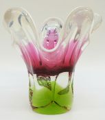 Josef Hospodka for Chribska glass vase with green and red colouration and trailed white rim,