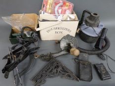 Metal housekeeper's box, boxed door furniture, vintage shelf brackets, micrometer, miniature plane,