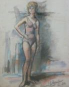 Michael D'Aguilar (1924-2011) charcoal and coloured chalk on paper person in swimming costume,