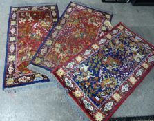 Three Persian wool prayer rugs, labelled 'Latore' decorated with hunting scenes,