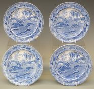 A set of four Spode Indian Sporting Scenes tea plates all with underglaze blue script verso 'The