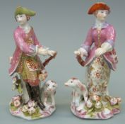 A pair of Bow porcelain figures Hunter and Huntress, both holding guns,