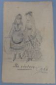Beatrix Potter original pencil sketch titled 'The Sisters' two young women dressed in hats and