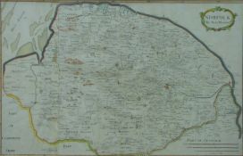 A framed 17thC hand coloured map of Norfolk by Robert Morden, sold by Abel Swale,